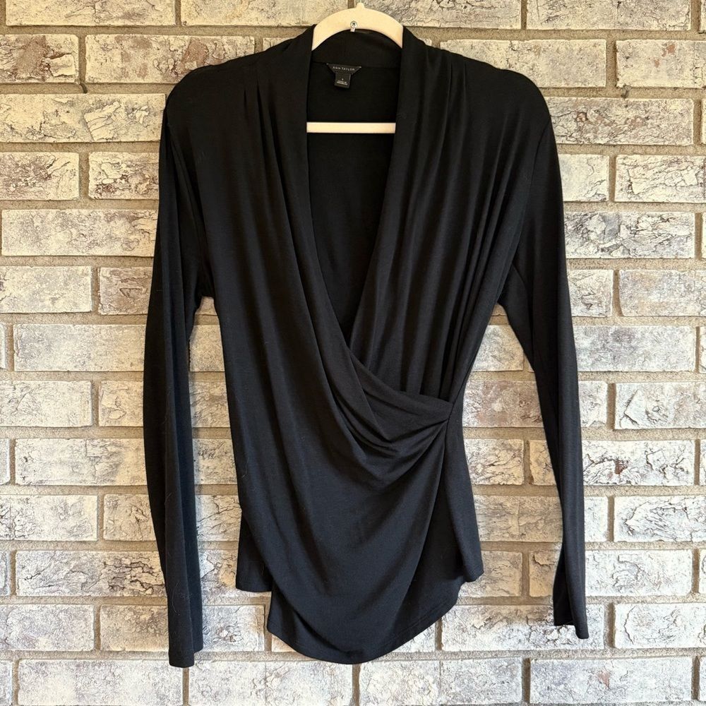 Ann Taylor Black Draped Surplice Long Sleeve Top | Size Small